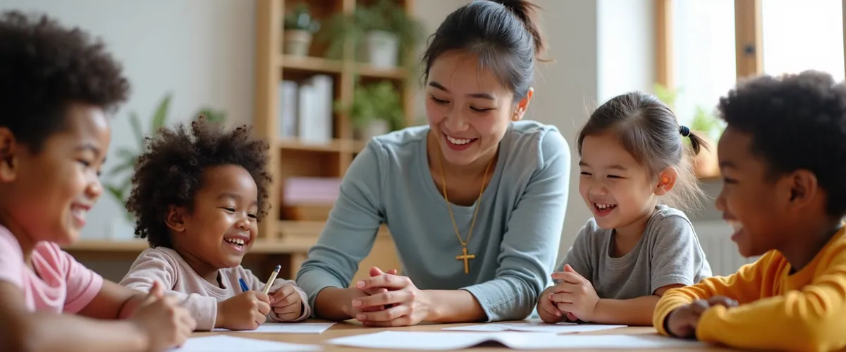 A teacher wearing a small cross necklace sits at a table with four smiling young children working on an activity.