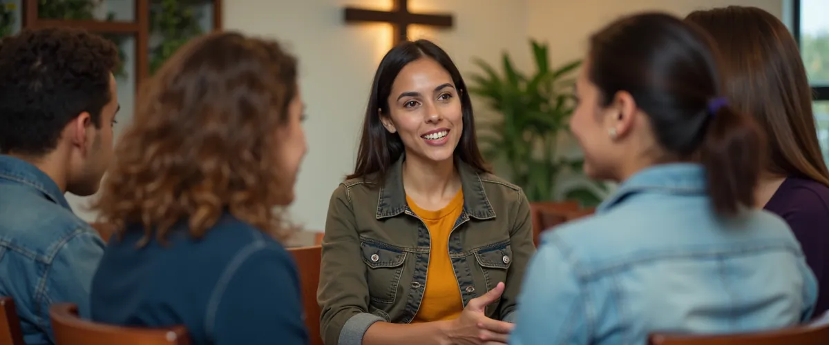 A smiling young woman in a denim jacket listens in a small group conversation beneath a wooden cross.
