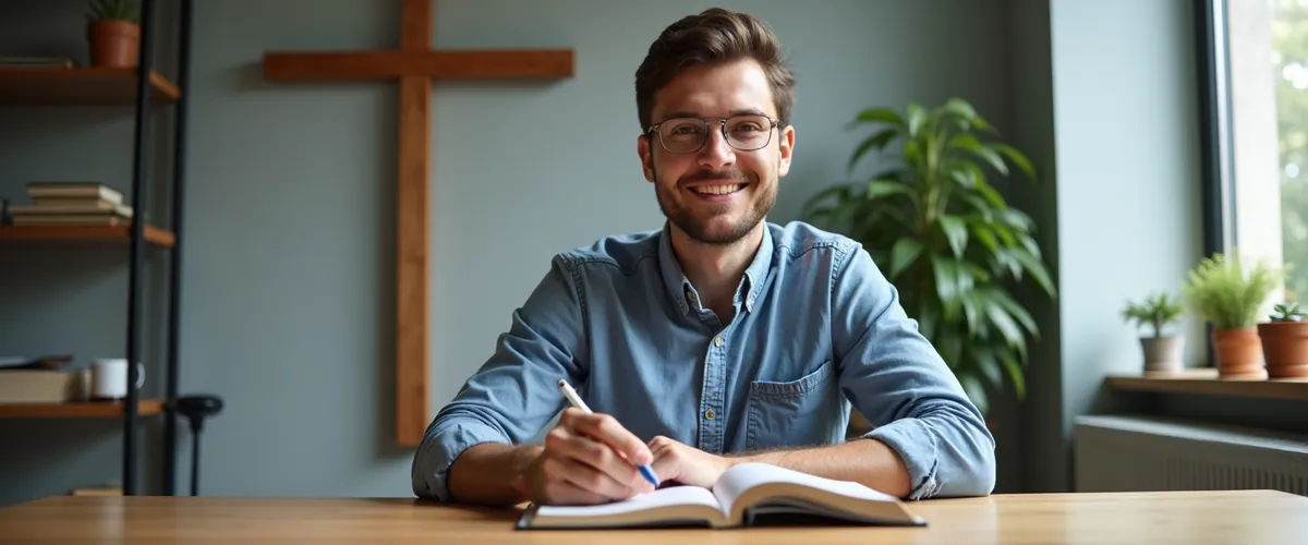 A smiling man in a blue shirt writes in a notebook at a desk beneath a wooden cross.