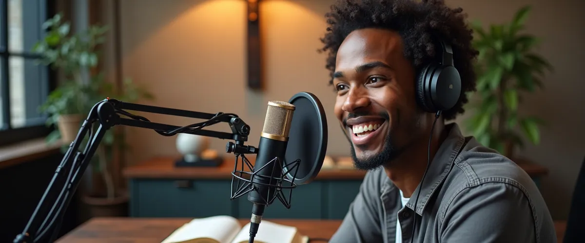 A smiling man wearing headphones sits at a podcast microphone in a studio with an open Bible on the desk.