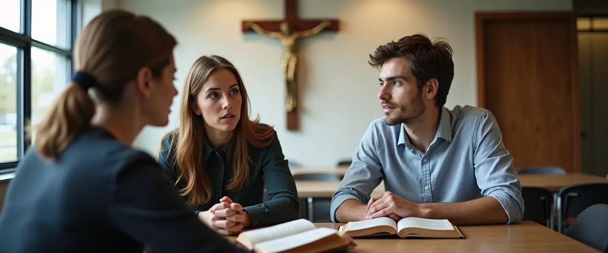 Three people talk around a table with open Bibles, beneath a crucifix on the wall.