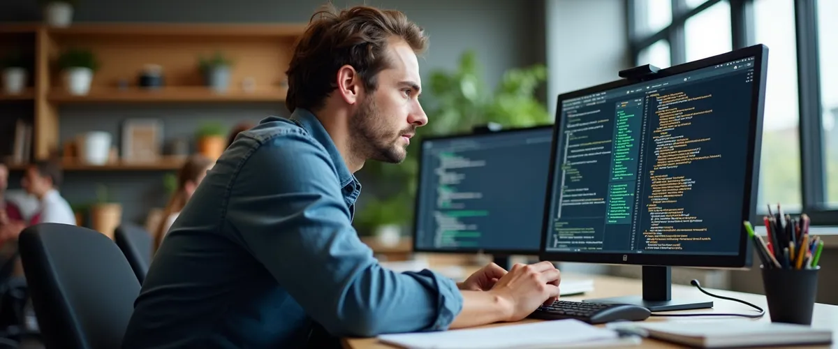 A man works at a desk with two monitors showing lines of computer code.