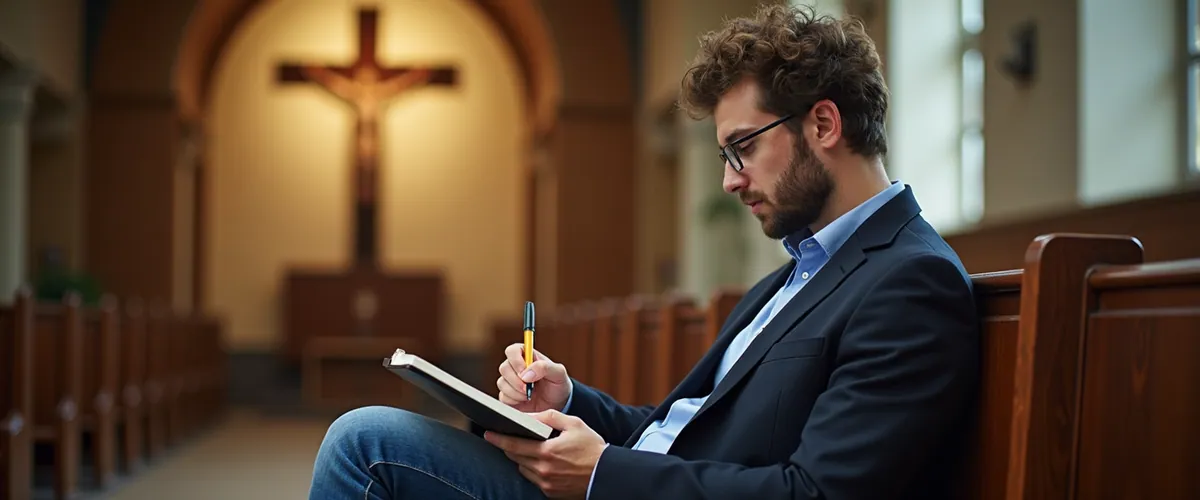 A man in a blazer takes notes in a church sanctuary with a crucifix behind him.