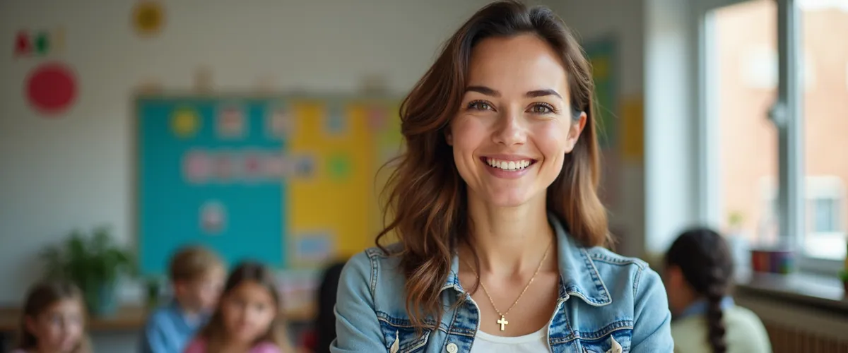 A smiling teacher in a bright classroom with children and a colorful bulletin board behind her.