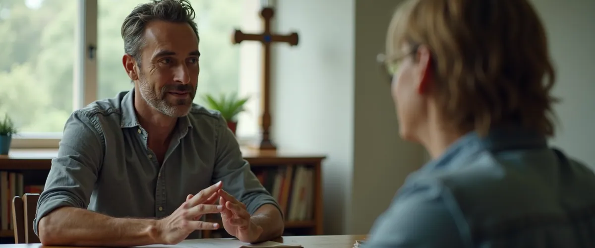 A man talks with a woman in a book-lined room with a wooden cross on the wall.
