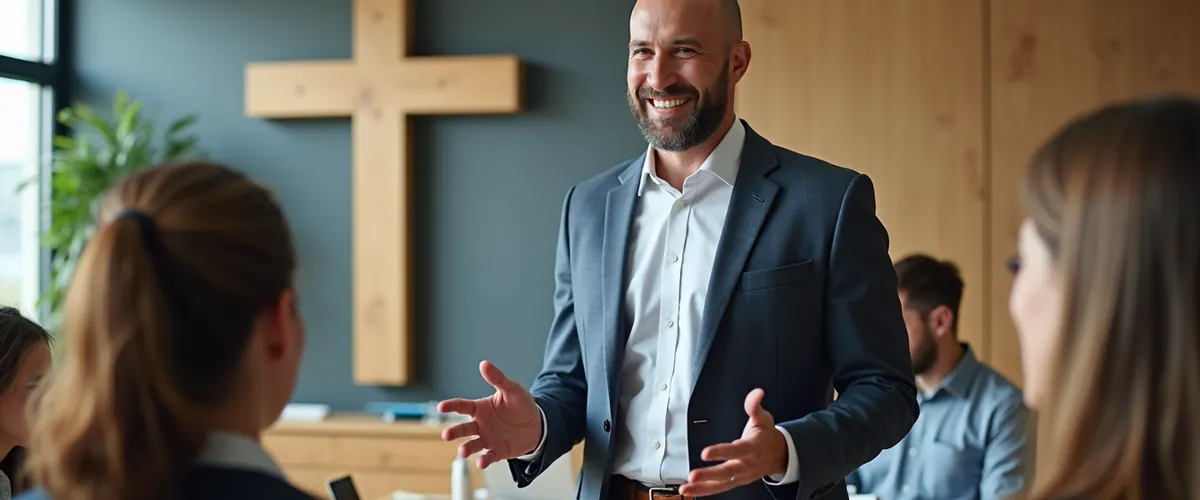 A smiling man in a blazer gestures as he speaks with colleagues in an office with a wooden cross.