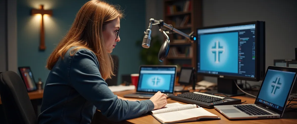 A woman works at a desk with a microphone, a monitor and laptops that display a cross symbol.