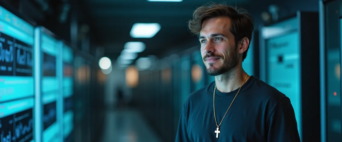 A man wearing a cross necklace stands in front of a glowing wall of data screens.