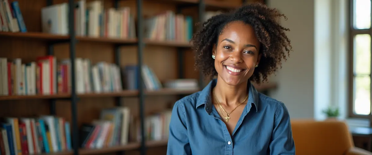 A smiling woman in a blue shirt sits in a library with shelves of books behind her.