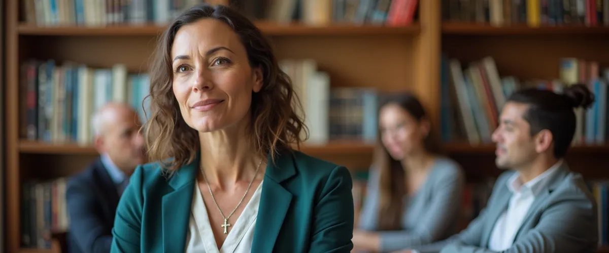 A woman in a green blazer stands in a library while people study behind her.