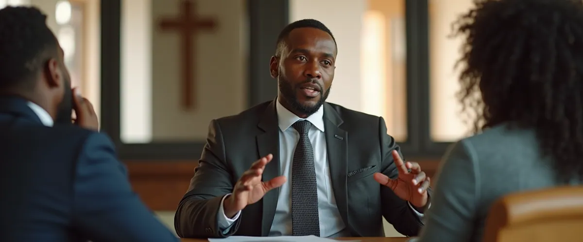 A man in a suit speaks with expressive gestures to colleagues in a meeting room with a cross on the wall.
