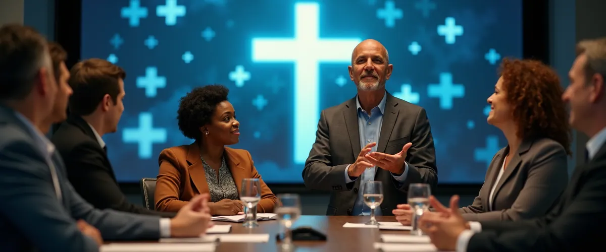 A man presents to professionals around a boardroom table in front of a screen glowing with crosses.