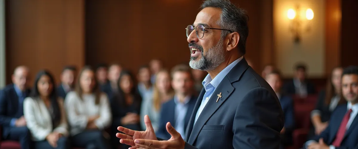 A man in a suit jacket speaks to an attentive audience in a wood-paneled hall.
